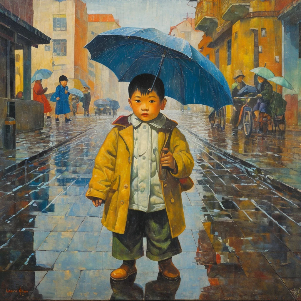 painting of two children with umbrellas and a dog in the rain, by Candido Portinari, by Watanabe Kazan, by Armin Baumgarten, by Fujishima Takeji, by Jerry Pinkney, by Tsubasa Nakai, by Tibor Rényi, by Ye Xin, by Kamisaka Sekka, inspired by Candido Portinari