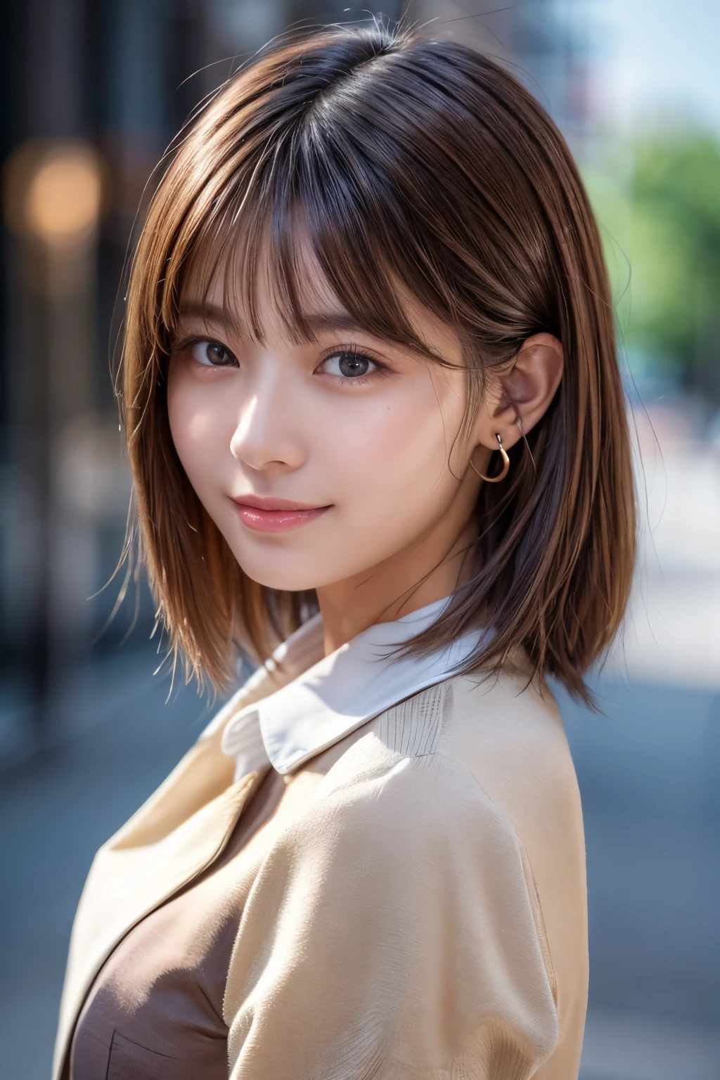 Upper Body、Beauty、Well-formed face、20-year-old、Uniform eyes、Small face、, light brown hair, hair over shoulder, parted bangs, straight hair, expressive hair, shiny hair, earrings, seductive smile, Surrealism, cinematic lighting, first-person view, pov, f/1.2, Nikon, UHD, textured skin, best quality, highres, 8k