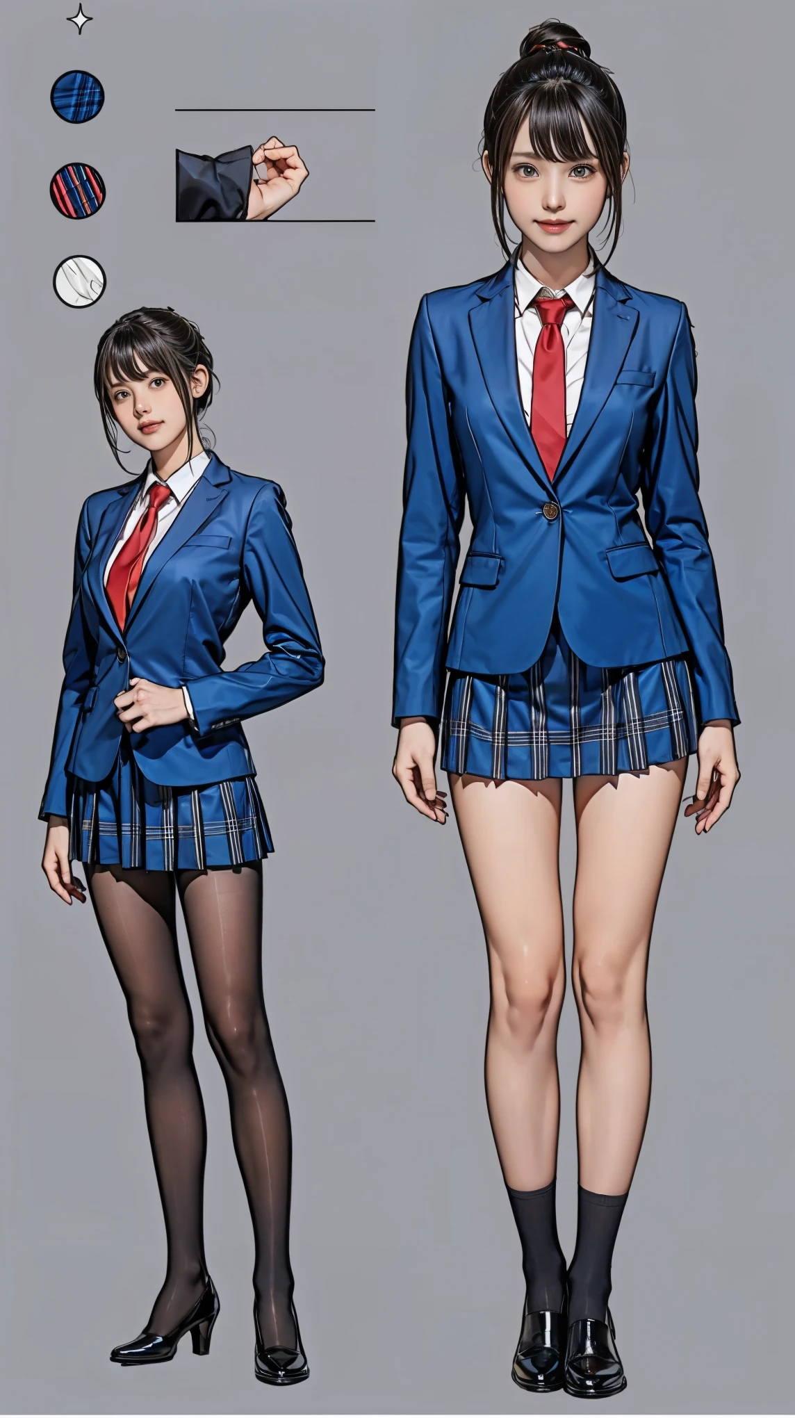 ((masterpiece)),(((Highest quality))),((Character design sheet)),細いThighs,Long legs,Girl standing in a school classroom,Red Tie Uniform,Dark Blue Blazer,Blue plaid skirt,18-year-old,bangs,A small smile,Thighs,knees,From below,Random Pause,pretty girl,Slender girl,