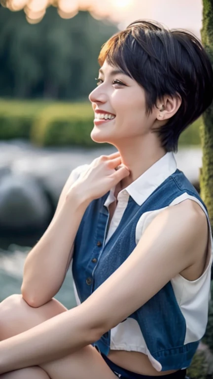 a chinese woman sitting in front of a tree with a waterfall in front of her and a sunset behind her, profile picture, a character portrait, private press, the sky is filled with colorful clouds,
(sleeveless shirt:1.2), (shorts:1.2), smooth pixie cut hair, happy smile, elegant pose royalty, sitting beside river, sexy and happy smile ,left hand in front of mouth,
1girl, solo, ,masterpiece, high quality, highres, absurdres, high details,8k,HDR,raw photo,realistic, bokeh, shallow depth of field,
beautiful eyes, high detail eyes, beautiful face, high detail face, high detail skin, beautiful hands, beautiful fingers, beautiful eyelashes,
(half body:1.2), (profile:0.7), worm lighting, (looking back:0.9), from behind,