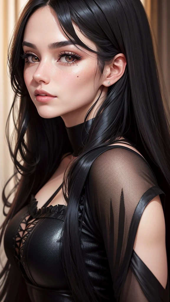 A close-up image of a woman in her twenties. She has long black hair, wearing a black party dress. The woman has fair skin and a noticeable mole below the left side of her mouth. The focus is on her face, particularly highlighting her mouth.