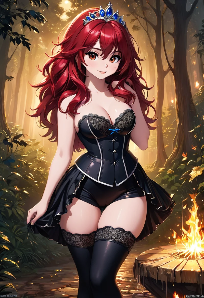 the overall theme and style should feel like. a hybrid of fairytale and Science Fiction. extremely beautiful model, 20 years old female, long bright fire red hair, hair that has a mettalic glimmer and sheen. realistic, perky breasts, cleavage,, oppulent form fitting hooped skirt, red corset, large tiara all dovered in ornate detailed lace and filligree. Wide Smile, Eyes Detailed & Wide, Dynamic Pose. Ultra HD, Rococo-Inspired Fantasy Art With Intricate Details. Cute, Charming Expression, Alluring-Gaze, looking at viewer Beautiful Eyes, An-Ideal-Figure. Large Youthful Well-Shaped-Breasts, Attractive ass showcased. Massive-Round-Bosom, Décolletage. slim waist, fit body, full lipsWarm lights , woman in a dreamy forest at night, with fluffy hair, delicate face, realistic, real, slim, large aperture, sexy shots, attractive poses,Stunnin gly beautiful merge of Scarlett Johanson. Alison Brie, Selena Gomez. symmetrical face, photorealistic, photography, path tracing, specular lighting, volumetric face light, path traced hairmaximum quality{(masutepiece) (8K High Resolution) (top-quality)