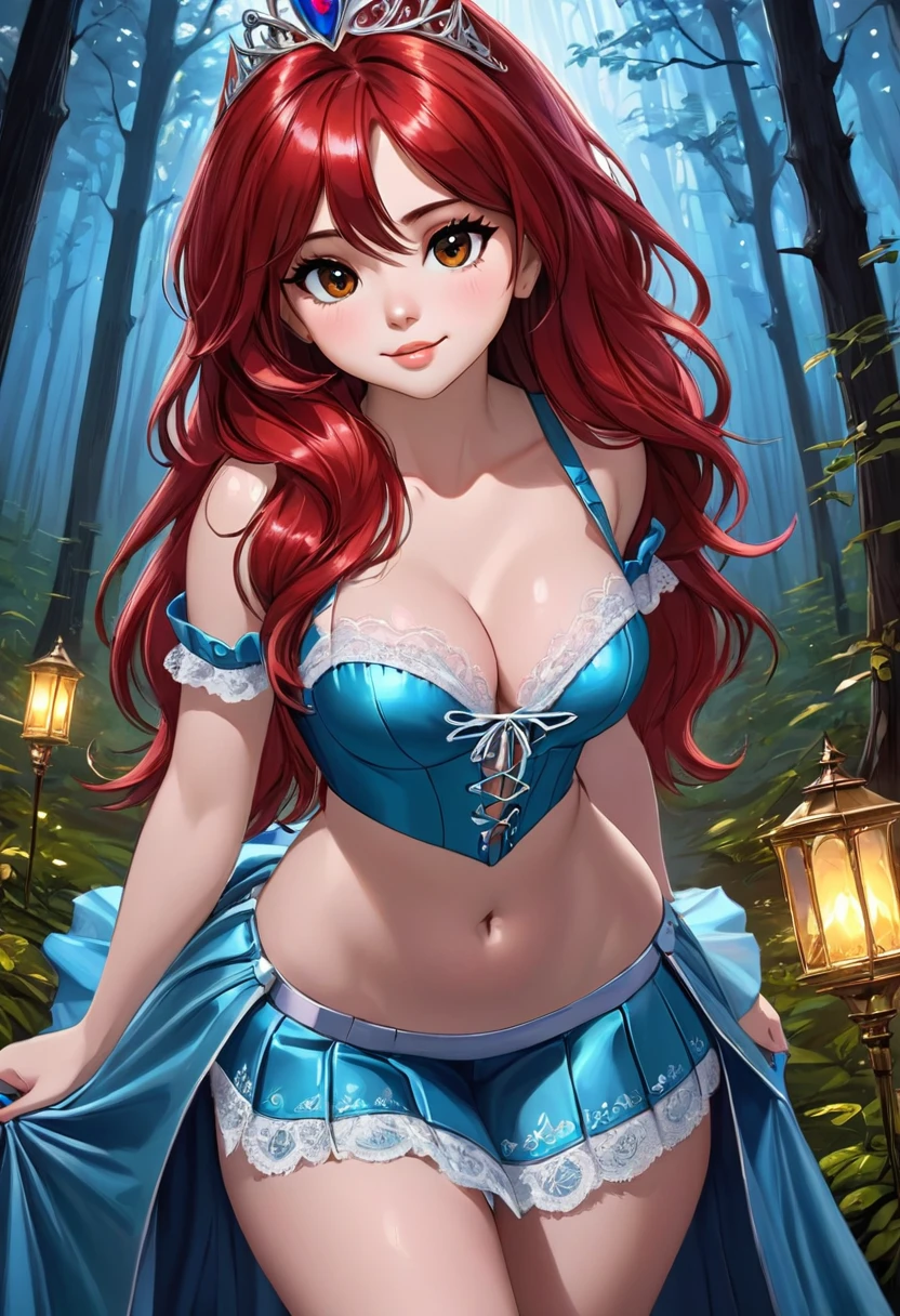 the overall theme and style should feel like. a hybrid of fairytale and Science Fiction. extremely beautiful model, 20 years old female, long bright fire red hair, hair that has a mettalic glimmer and sheen. realistic, perky breasts, cleavage,, oppulent form fitting hooped skirt, red corset, large tiara all dovered in ornate detailed lace and filligree. Wide Smile, Eyes Detailed & Wide, Dynamic Pose. Ultra HD, Rococo-Inspired Fantasy Art With Intricate Details. Cute, Charming Expression, Alluring-Gaze, looking at viewer Beautiful Eyes, An-Ideal-Figure. Large Youthful Well-Shaped-Breasts, Attractive ass showcased. Massive-Round-Bosom, Décolletage. slim waist, fit body, full lipsWarm lights , woman in a dreamy forest at night, with fluffy hair, delicate face, realistic, real, slim, large aperture, sexy shots, attractive poses,Stunnin gly beautiful merge of Scarlett Johanson. Alison Brie, Selena Gomez. symmetrical face, photorealistic, photography, path tracing, specular lighting, volumetric face light, path traced hairmaximum quality{(masutepiece) (8K High Resolution) (top-quality)
