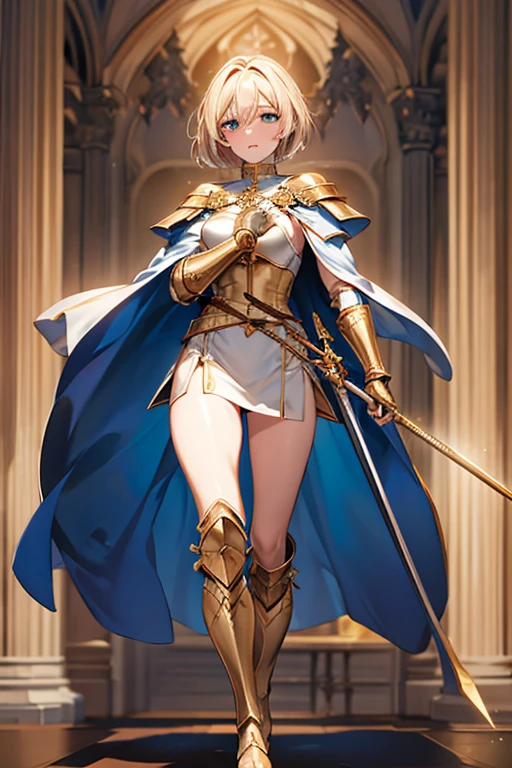 absurdres, RAW photo, extremely delicate and beautiful, masterpiece, Best Quality, ultra high resolution, 32k, hyperrealistic, ultra-detailed, 20 years old, detailed beautiful face, tearful mole, earring, very huge round breasts, short medium hair, wavy hair, wet clothes, (full body shot), alone, blonde hair, gauntlets, Joan of Arc, (surcoat), (cross armor),