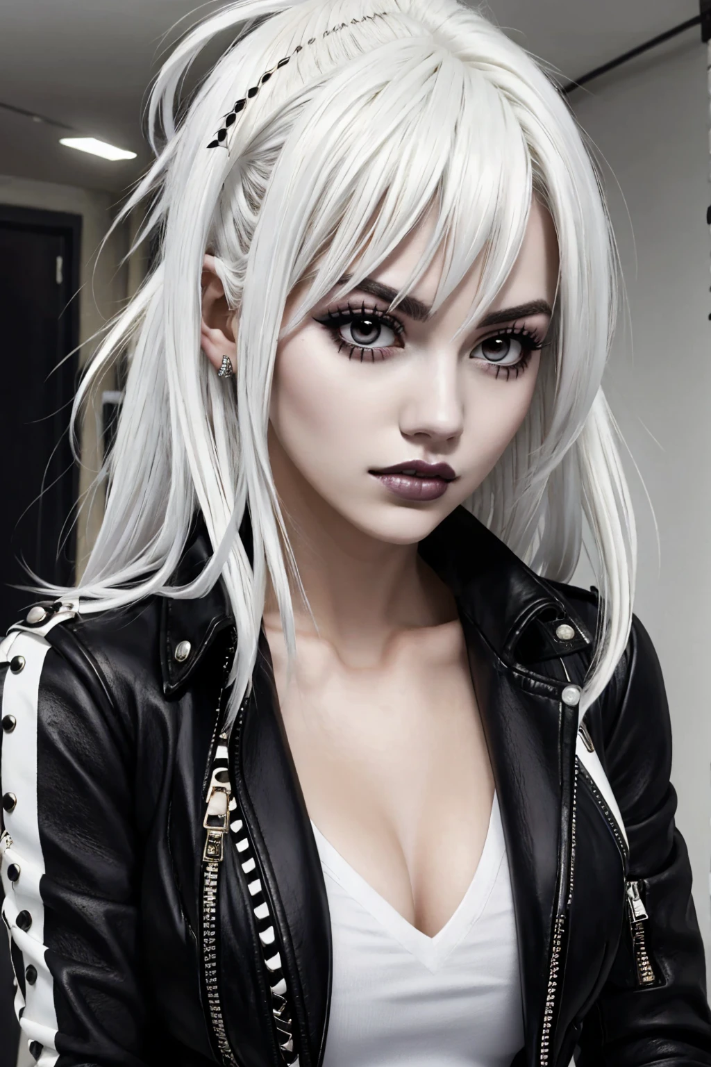 Lucy Heartfilia, blackquality hair, white skin covered in white makeup, punk clothes