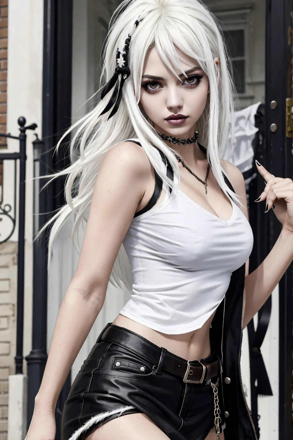 Lucy Heartfilia, blackquality hair, white skin covered in white makeup, punk clothes