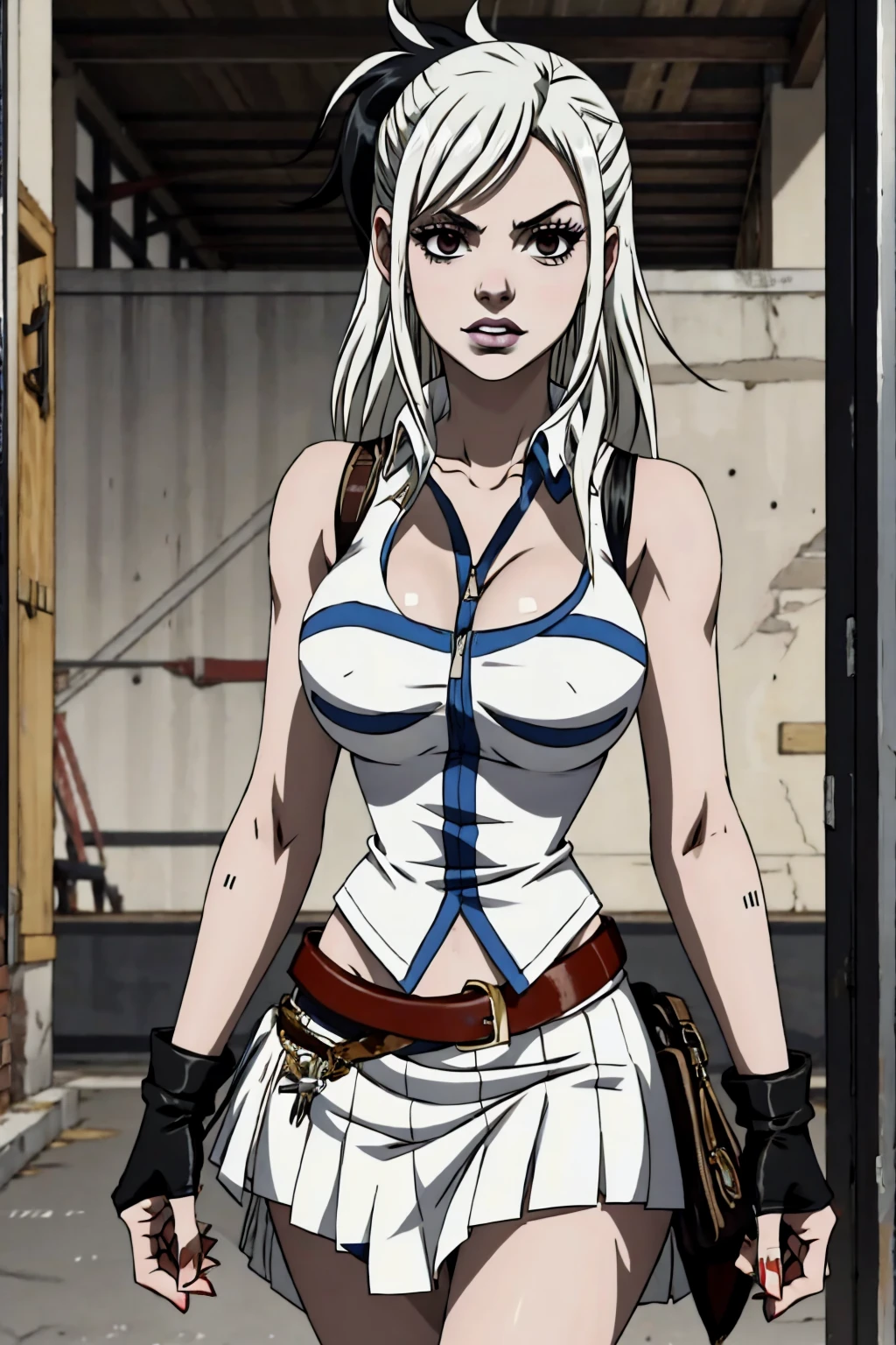 Lucy Heartfilia, blackquality hair, white skin covered in white makeup, punk clothes