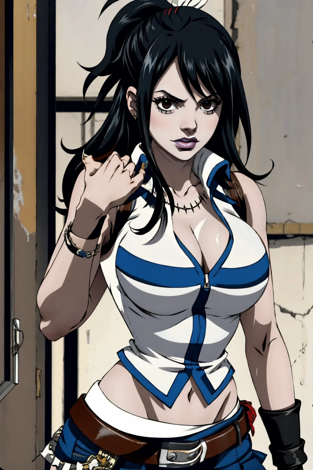 Lucy Heartfilia, blackquality hair, white skin covered in white makeup, punk clothes