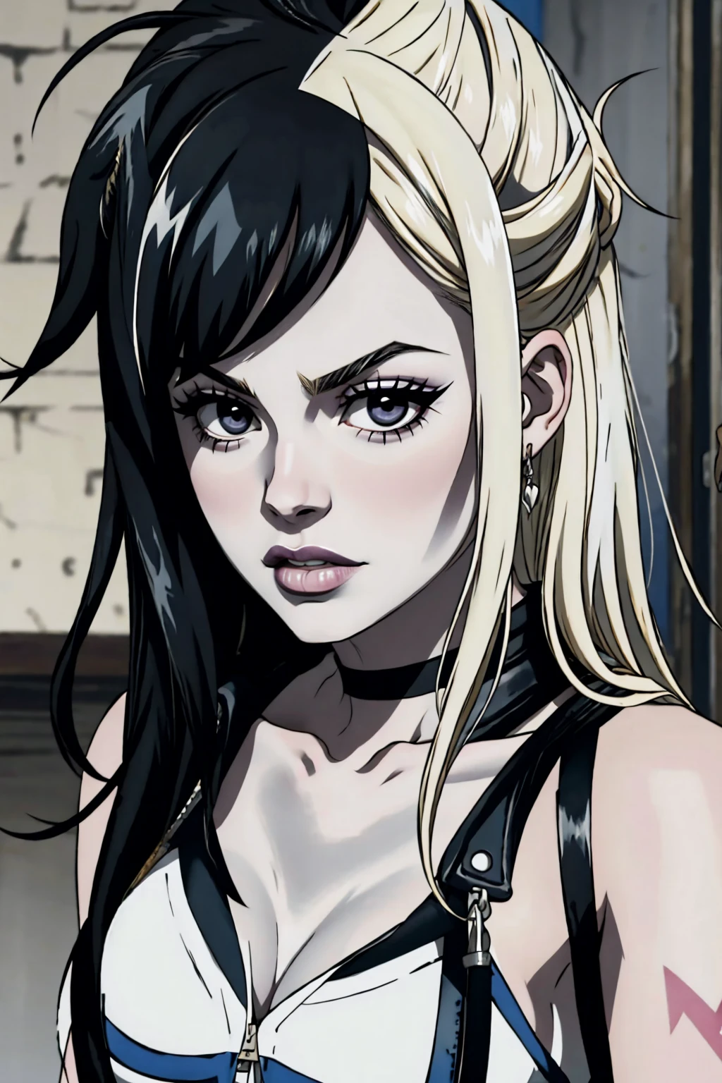 Lucy Heartfilia, blackquality hair, white skin covered in white makeup, punk clothes