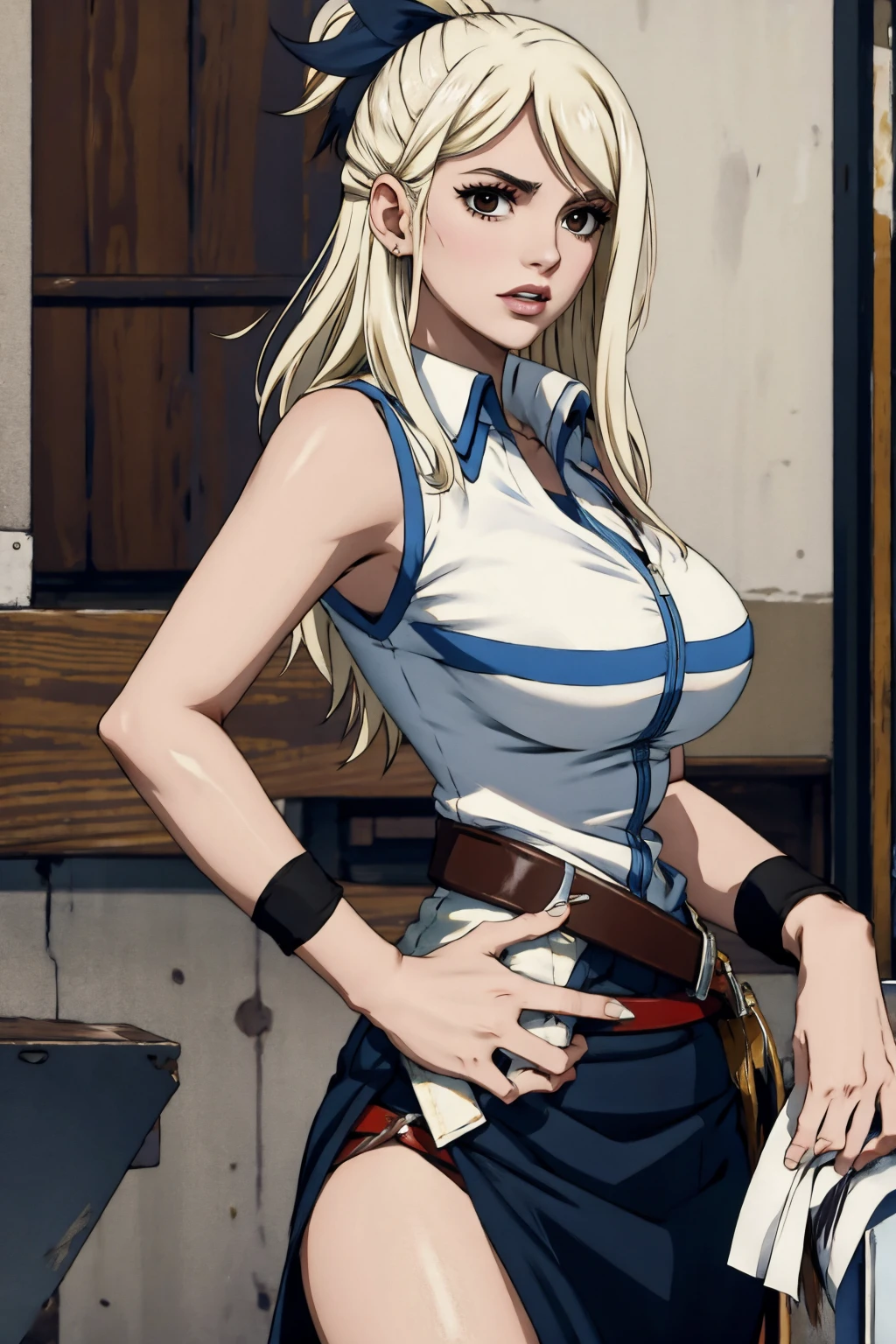 Lucy Heartfilia, blackquality hair, white skin covered in white makeup, punk clothes