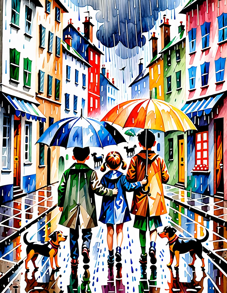 painting of two children with umbrellas and a dog in the rain, a watercolor painting by Candido Portinari, tumblr, cubism, on a rainy day, in the rain, children illustration, under rain, people with umbrellas, childrens illustration, rainy afternoon, raining, rainy weather, rainy scene, raining outside, rainy day, (by tom purvis)