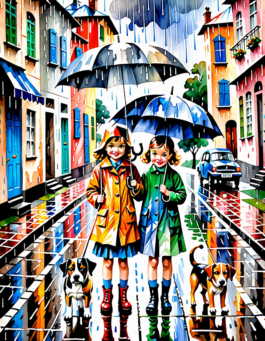 painting of two children with umbrellas and a dog in the rain, a watercolor painting by Candido Portinari, tumblr, cubism, on a rainy day, in the rain, children illustration, under rain, people with umbrellas, childrens illustration, rainy afternoon, raining, rainy weather, rainy scene, raining outside, rainy day, (by tom purvis)