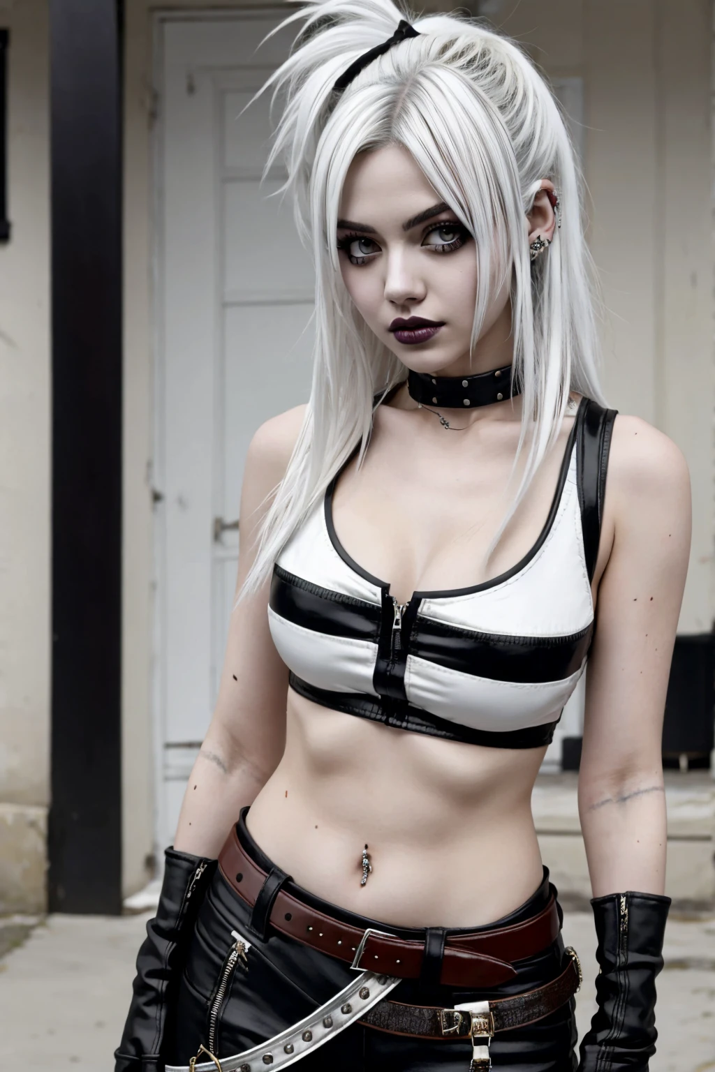 Lucy Heartfilia, blackquality hair, white skin covered in white makeup, punk clothes