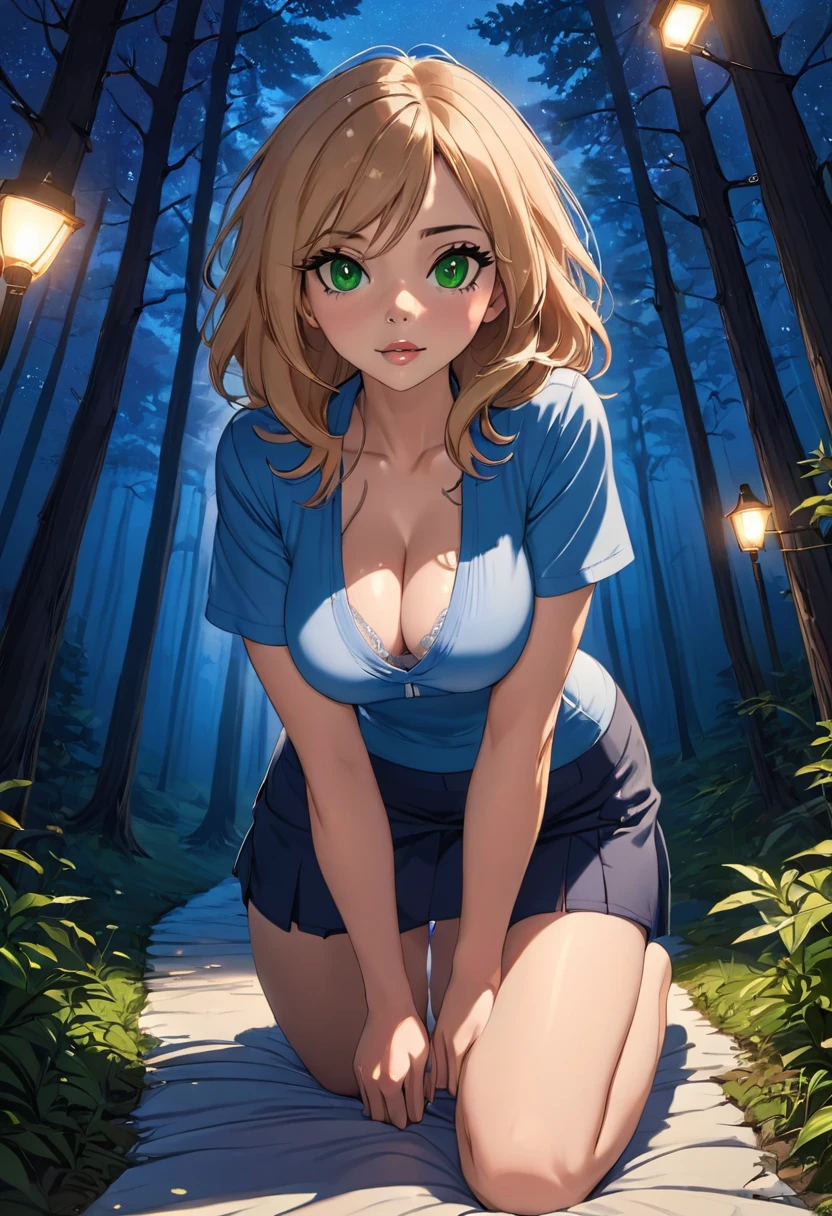 1 girl,medium , b cup breast, Warm lights、It looks cold outside the window. full lips, big eyes, full lips, full lips, and prominent cheekbones, slim waist, fit body, wearing casual dress, wavy red-blonde hair, longcut hair, symmetrical green eyes, symmetrical face, photorealistic, photography, path tracing, specular lighting, volumetric face light, path traced hairmaximum quality{(masutepiece) (8K High Resolution) (top-quality) , woman in a dreamy forest at night, with fluffy hair, delicate face, realistic, real, slim, large aperture, sexy shots, attractive poses, Instagram model, wearing white yoga pants and blue top, tight yoga pants, long pants, cropped shirt, open navel, short sleeves, tight shirt, sky blue top, facing to the audience. Stunningly beautiful merge of Scarlett Johanson. Alison Brie, Selena Gomez.