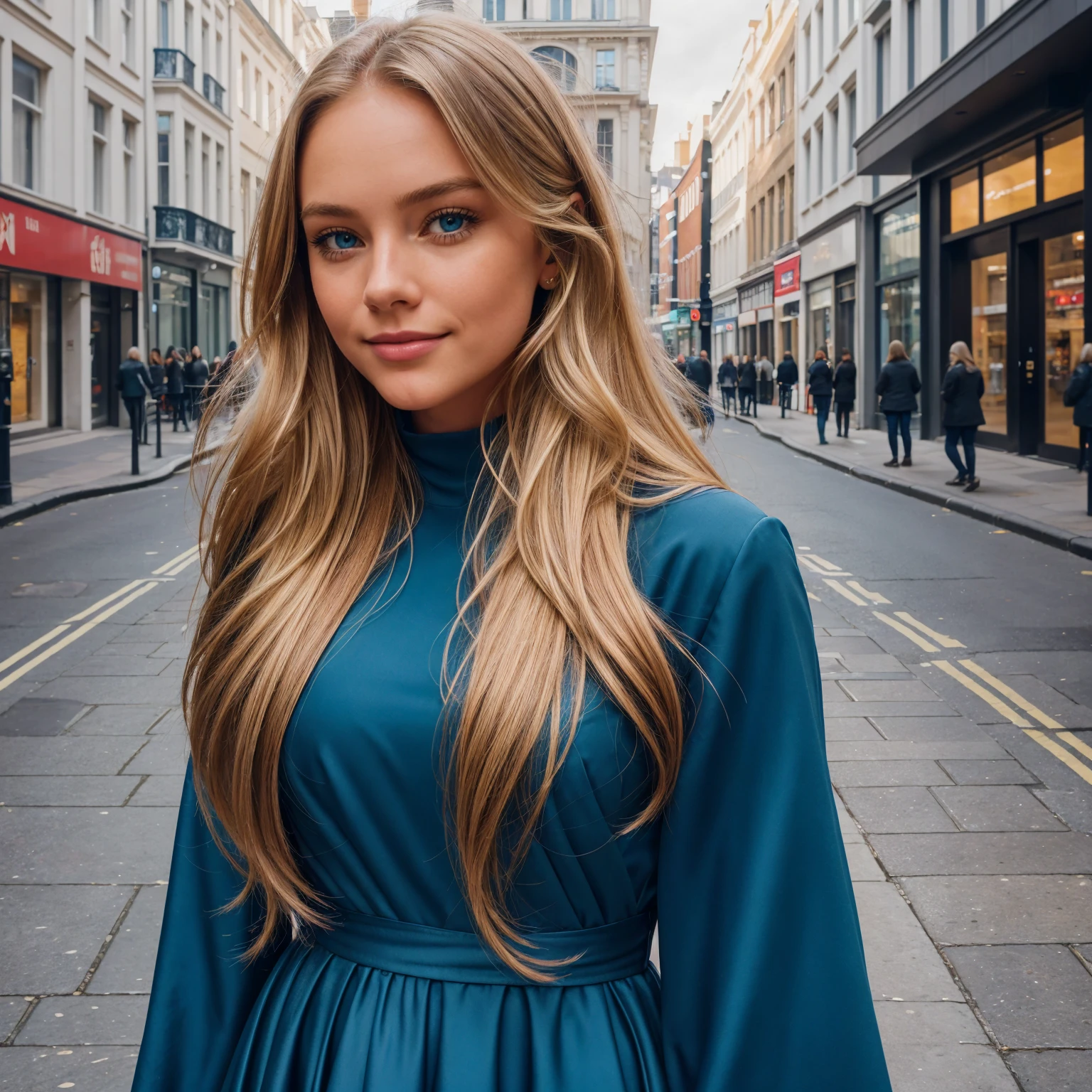 professional portrait photograph of a gorgeous 18 year,Norwegian girl Lise Olsen in london with long wavy blonde hair,blue eye,cute smile,sultry flirty look, gorgeous symmetrical face, cute natural makeup, wearing beautiful red gown, ((taking selfie in city street)), stunning modern urban environment, ultra realistic, concept art, elegant, highly detailed, intricate, sharp focus, depth of field, f/1. 8, 85mm, medium shot, mid shot, (((professionally color graded))), bright soft diffused light, (volumetric fog), trending on instagram, hdr 4k, 8k