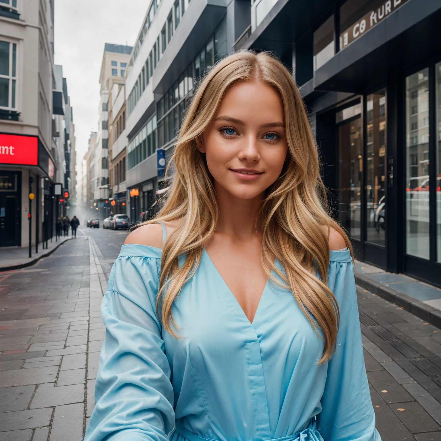 professional portrait photograph of a gorgeous 18 year,Norwegian girl Lise Olsen in london with long wavy blonde hair,blue eye,cute smile,sultry flirty look, gorgeous symmetrical face, cute natural makeup, wearing beautiful red gown, ((taking selfie in city street)), stunning modern urban environment, ultra realistic, concept art, elegant, highly detailed, intricate, sharp focus, depth of field, f/1. 8, 85mm, medium shot, mid shot, (((professionally color graded))), bright soft diffused light, (volumetric fog), trending on instagram, hdr 4k, 8k