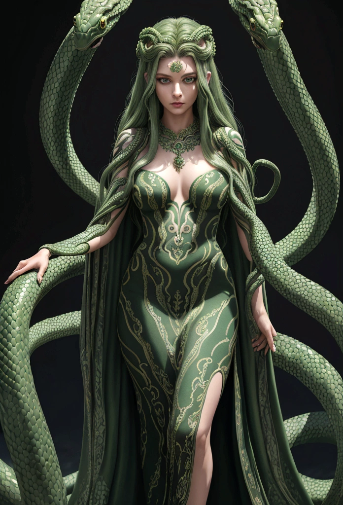 ((best quality)), ((masterpiece)), ((realistic)), Medusa, full body, the hair is composed of countless small snakes, green eyes, female face, Green Dress, royal aura, trend on artstation , sharp focus, studio photo, intricate detail, very detailed, detailed eye, illustration, very detailed, sharp focus, digital render, professional, 8k
