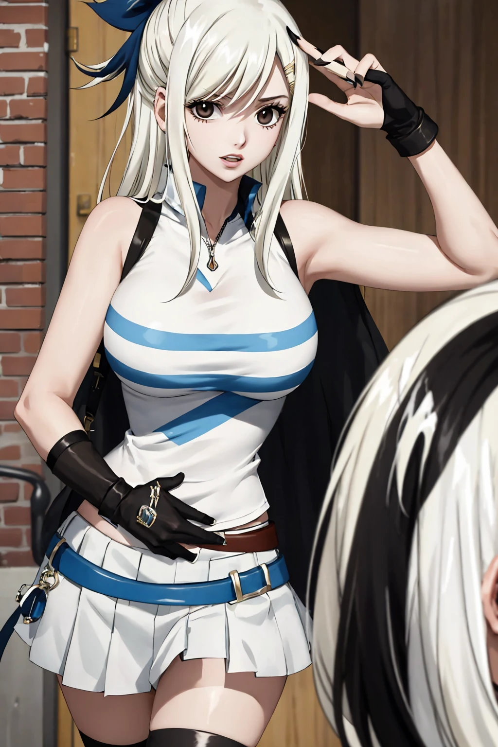 Lucy Heartfilia, blackquality hair, white skin covered in white makeup, punk clothes