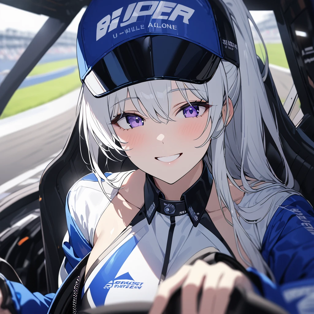 A woman wearing a race queen outfit, blue with white details, blue leather boots, long white hair, race queen hat, purple eyes, ponytail hair, sitting on a car seat, inside a race car, interior of the perfect racing car, perfect seats, holding the steering wheel of the car perfectly, perfect steering wheel, high quality, very detailed, smiling. UHD , prime work , accurate , anatomically correct , textured skin , super details , high quality , best quality, 8k, high resolution, bokeh effect. (woman alone), view close.
