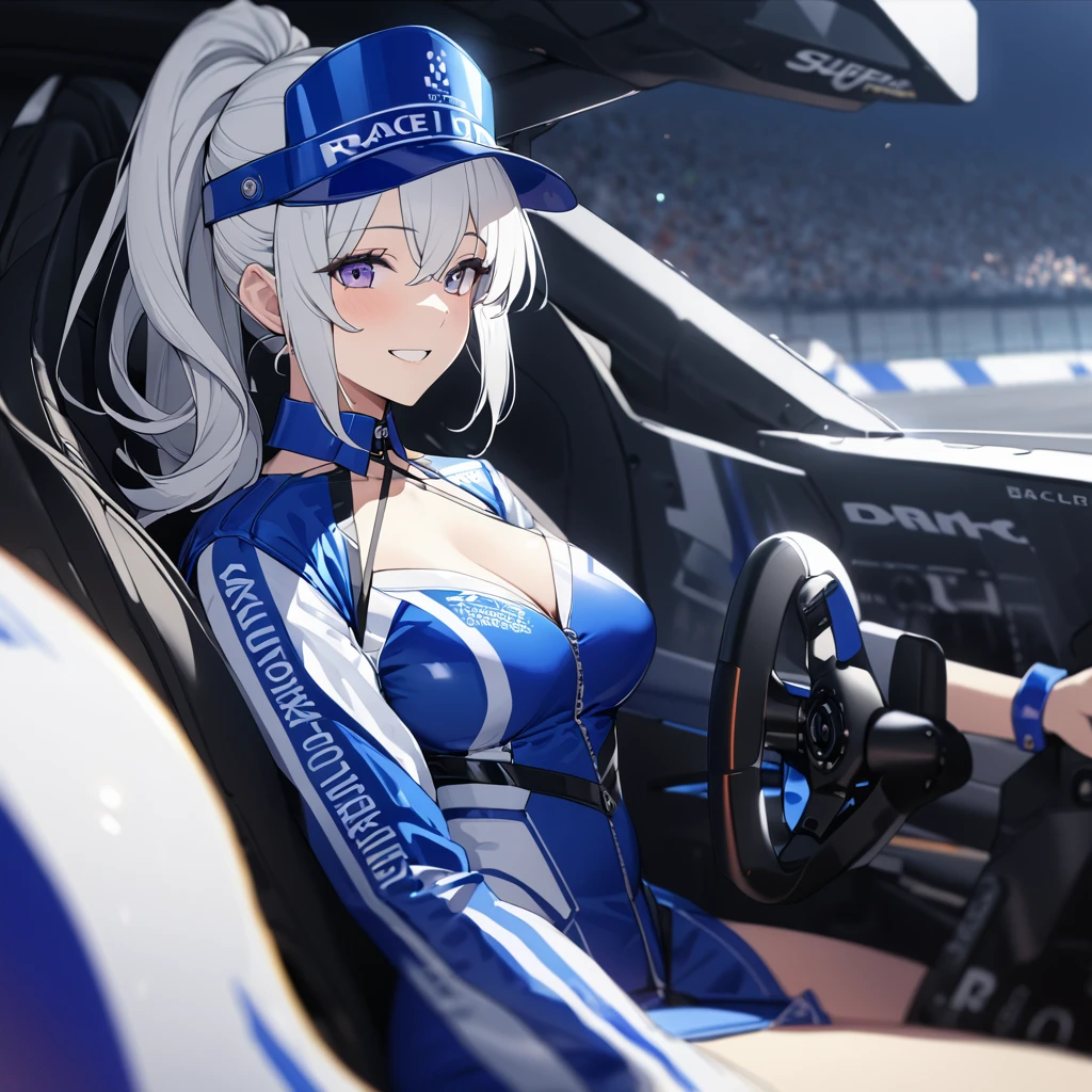 A woman wearing a race queen outfit, blue with white details, blue leather boots, long white hair, race queen hat, purple eyes, ponytail hair, sitting on a car seat, inside a race car, interior of the perfect racing car, perfect seats, holding the steering wheel of the car perfectly, perfect steering wheel, high quality, very detailed, smiling. UHD , prime work , accurate , anatomically correct , textured skin , super details , high quality , best quality, 8k, high resolution, bokeh effect. (woman alone), view close.
