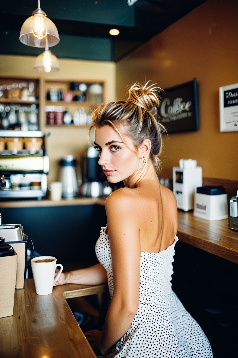 3/4 body photo of a gorgeous woman flirting with a seductive stare. wearing a dress looking over her shoulder, messy bun hair, in a coffee shop, analog camera