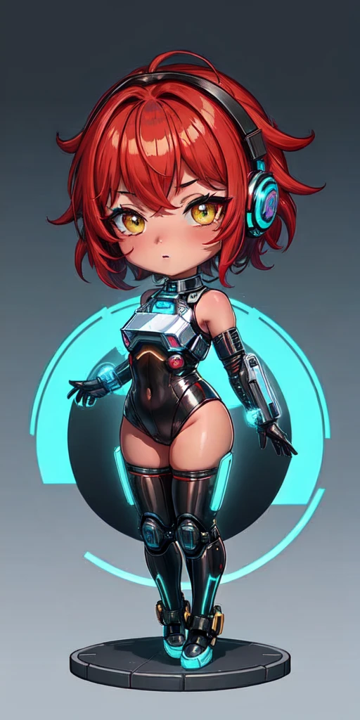 1girl in, android, Cyberpunk, red hair, cyan and yellow eyes, Short hair, White breastplate, Black headphones, Mechanical black glossy metallic Bodysuit, Bare shoulders, Glossy, shiny material,chibi emote, chibi character, cyberpunk city,