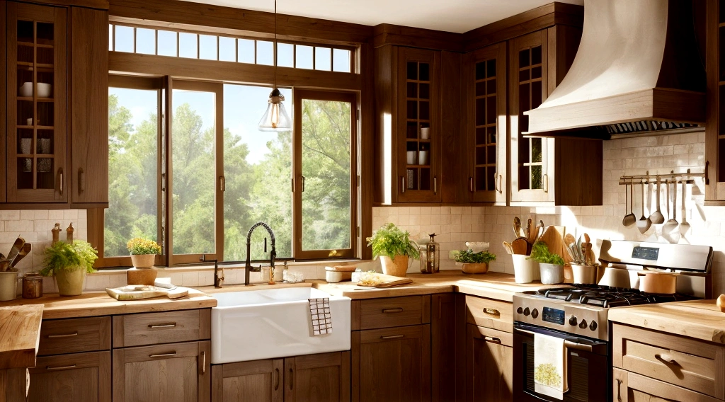 Stylish Western-style kitchen、Kitchen for cooking、Foliage plant、bright、Light pours in through the window、8K、high resolution。