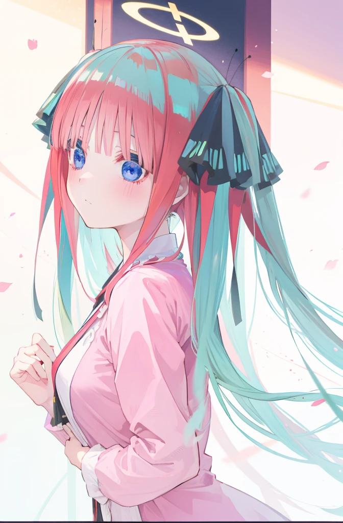 Nino nakano, pigtails,pink red hair, hair ribbins, blue eyes, 4k, ethereal,perfect illustration