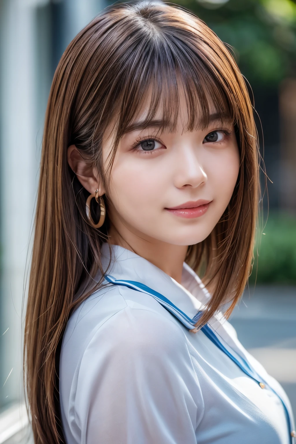 Upper Body、Beauty、Well-formed face、20-year-old、Uniform eyes、Small face、, light brown hair, hair over shoulder, parted bangs, straight hair, expressive hair, shiny hair, earrings, seductive smile, Surrealism, cinematic lighting, first-person view, pov, f/1.2, Nikon, UHD, textured skin, best quality, highres, 8k