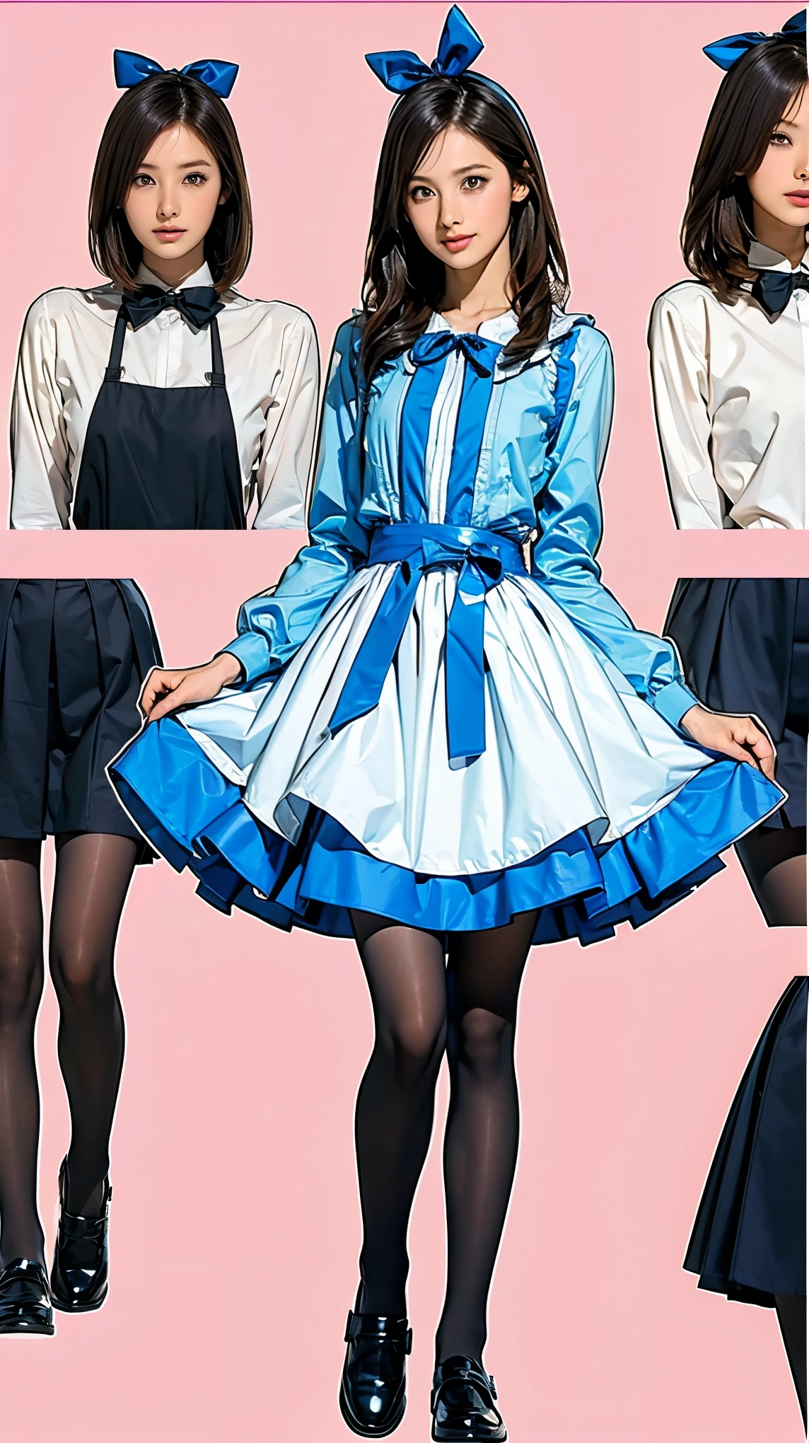 ((masterpiece)),(((Highest quality))),((Character design sheet)),Thin thighs,Long legs,((Alice in Wonderland, wearing a large ribbon on your head,, wear black tights,loafers))、20 year old Japanese woman, (Very slim:1.4)、Low - Angle,Walking:1.5,