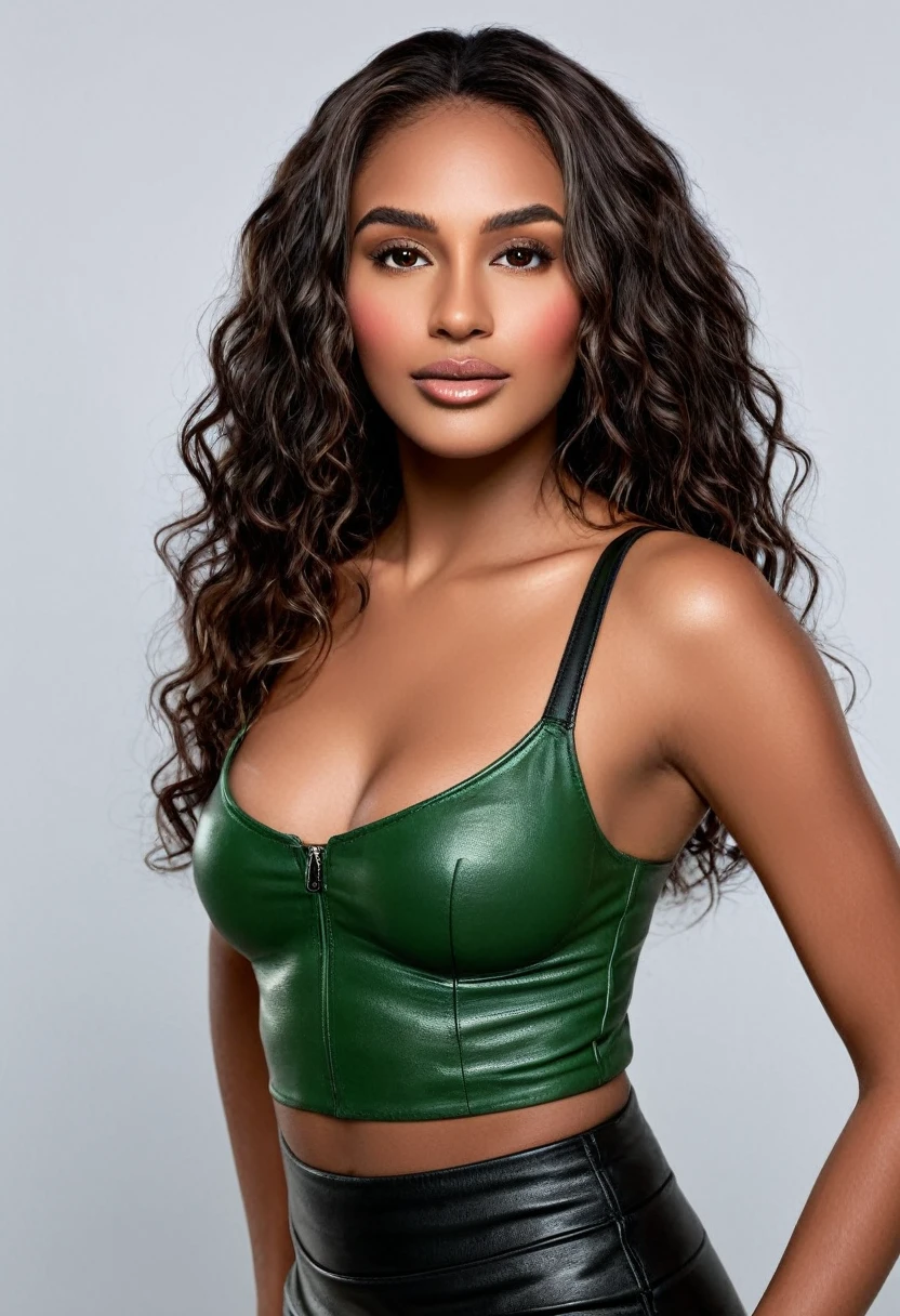 a beautiful woman, beautiful Latin face, Brazilian supermodel, stunning, stunning beauty, Angolan descent, most beautiful woman in the world, jaw-dropping beauty, young adult 30 years old, She has an exotic beauty, native Brazilian, tall woman, a stunning black African woman, with indigenous features, beautiful indigenous girl, ((An indigenous African girl with European ebony)), ((her beauty is undeniable)), beautiful young ebony girl with dark skin, tanned Mexican. *hair: Curly black hair with brown highlights, Voluminous black hair with brown highlights, vibrant and dynamic cut with soft waves. *eyes: green and expressive eyes, beautiful green eyes, realistic green eyes, detailed green eyes, ultra realistic, symmetrical, hyper realistic, (eyeliner, long eyelashes), intense and penetrating look, seductive, mysterious and charming look, look at it magnetism, attraction and fascination. * Eyebrows: Perfect eyebrows that arch gracefully above the eyes and are thick. * the nose is small and proportional to the face and the soft contour of the face that accentuates the high cheekbones. *Mouth: Attractive and irresistible mouth, well-defined lips, full lips, voluminous lips, seductive lips, captivating, striking, unforgettable, mischievous, sexy, your features are captivating, seductive expression, a seductive smile is enigmatic *Face shape: O the face is oval, with high cheekbones and a well-defined chin, a beautiful and detailed face. *Makeup: Makeup is subtle, but highlights natural features. Skin Tone: Olive skin, with healthy and even glow, with olive skin, dark skin, sexy girl with dark skin, detailed skin texture, beautiful and glowing skin, intricate details, smooth skin, healthy and radiant appearance. *body: attractive and slim woman, medium bust, athletic, thin waist, wide hips, big butt, thick thighs, shapely legs. sexy pose, full body photo, ((seductive)), Sexy, (black leather bra:1.1), (black leather pencil skirt:1.2). 3D 4k, high resolution, full sharpness