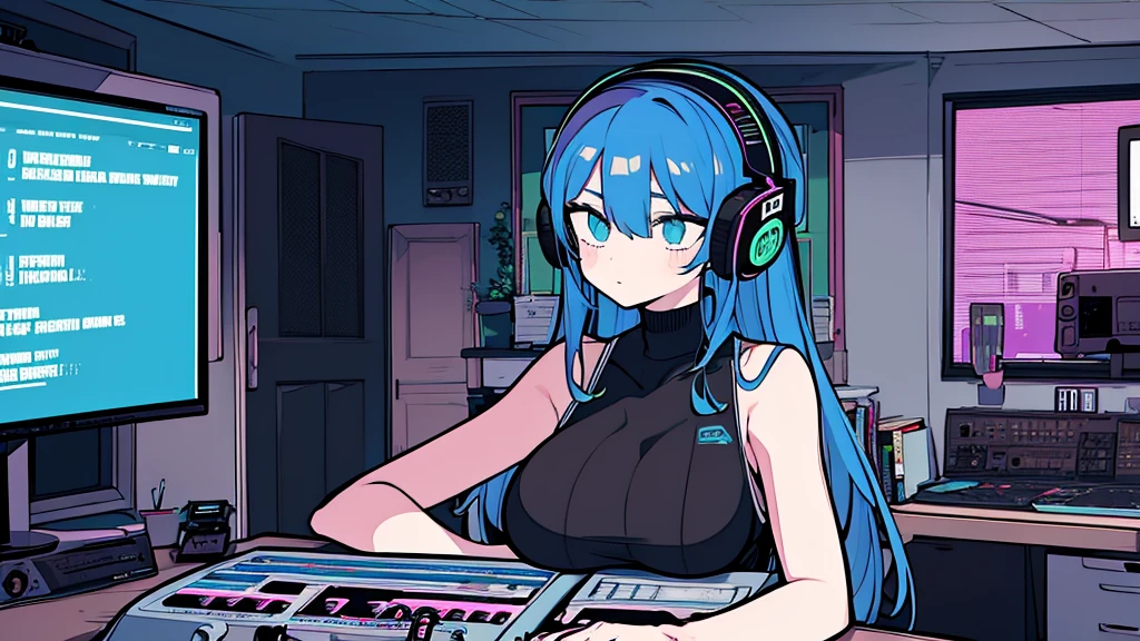 Best quality, (masterpiece), best detail face,1 girl, big breasts, 18 yo, 8k,absurdres,unity 8k wall paper,(extremely detailed:1.3), highest realistic, (retro headphones:), (soft neon light:), (psychedelic), Her room full of music equipment and plants, tight sports wear , See the whole room, She is leaving the room, dark yellow color palette
