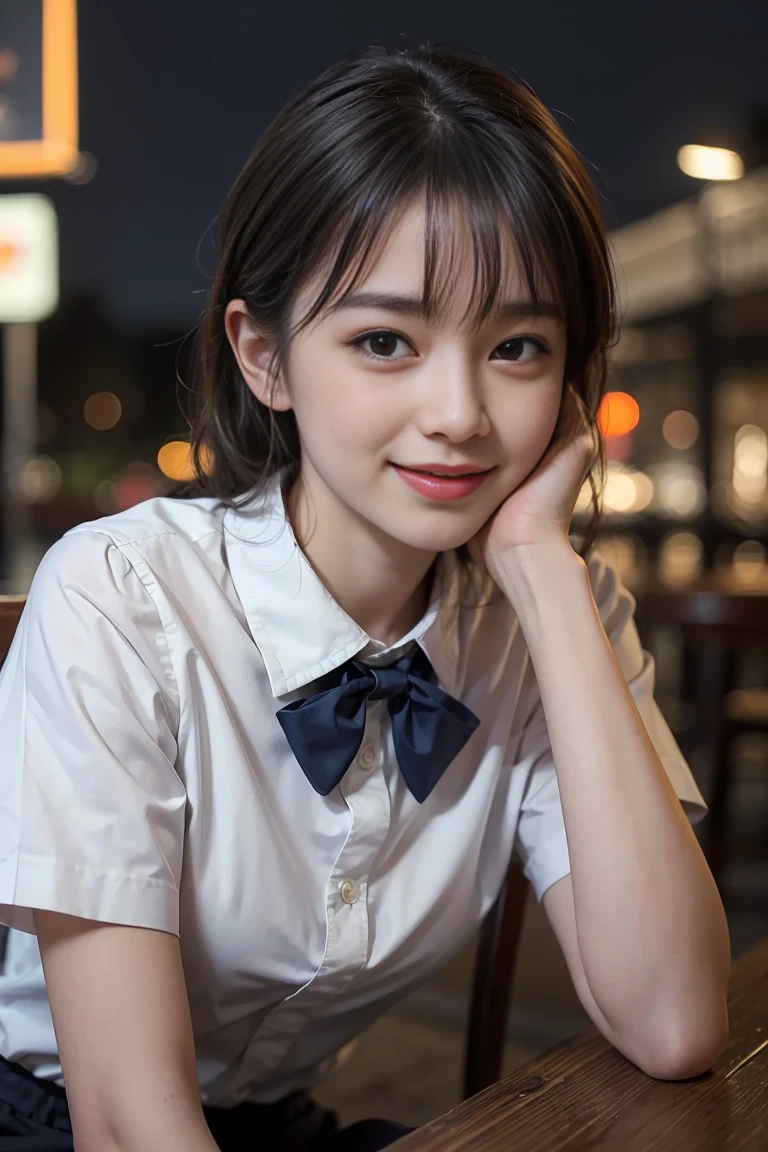 (8K, RAW Photos, Highest quality, masterpiece:1.2), (Realistic, photo-Realistic:1.37), Very detailed, 1 Girl,cute, alone,Beautifully detailed skies,Detailed Cafe,night,Sitting,date,(Red Nose),(smile:1.1),(Mouth closed), Medium Chest,Beautiful attention to detail,(Collared shirt:1.1), bow tie, blue short,(Medium Hair:1.2),Floating Hair