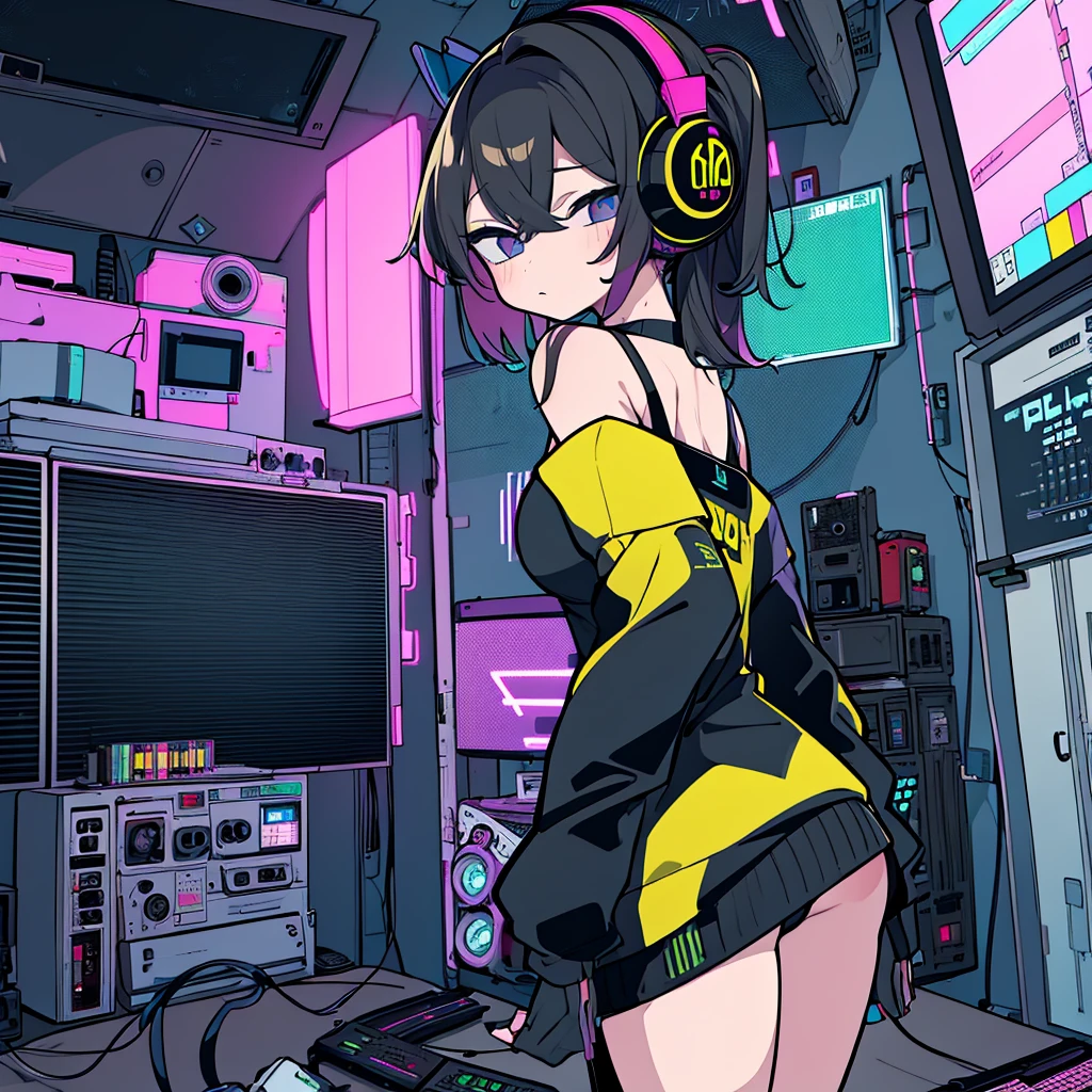 Best quality, (masterpiece), best detail face,1 girl, big breasts, 18 yo, 8k,absurdres,unity 8k wall paper,(extremely detailed:1.3), highest realistic, (retro headphones:), (soft neon light:), (psychedelic), Her room full of music equipment and plants, tight sports wear , See the whole room, She is leaving the room, dark yellow color palette
