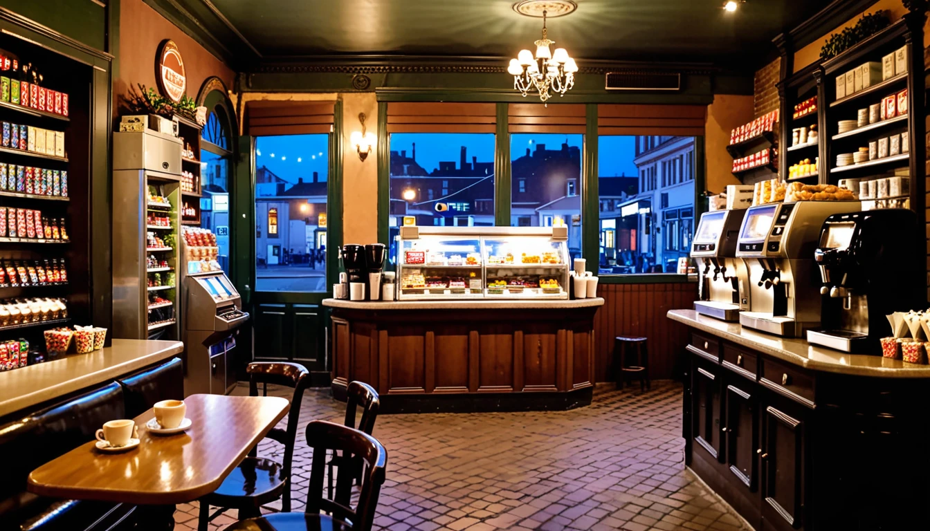 a victorian cozy night time at a coffe interior with cozy lighting and sweets in the shelves. There are coffee cups in the tables. a cash machine and a coffee maker machine in the counter,There is a big window in the middle of the coffeeshop and the outside view is the city at night