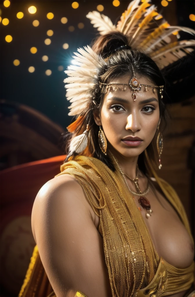 Beautiful Cherokee Indian woman with beautiful terracotta colored headdresses, blackw, doradas, cobre, Pearl, white and beige, feathers made of bright neon of various colors, flares on camera, bokeh, full moon night