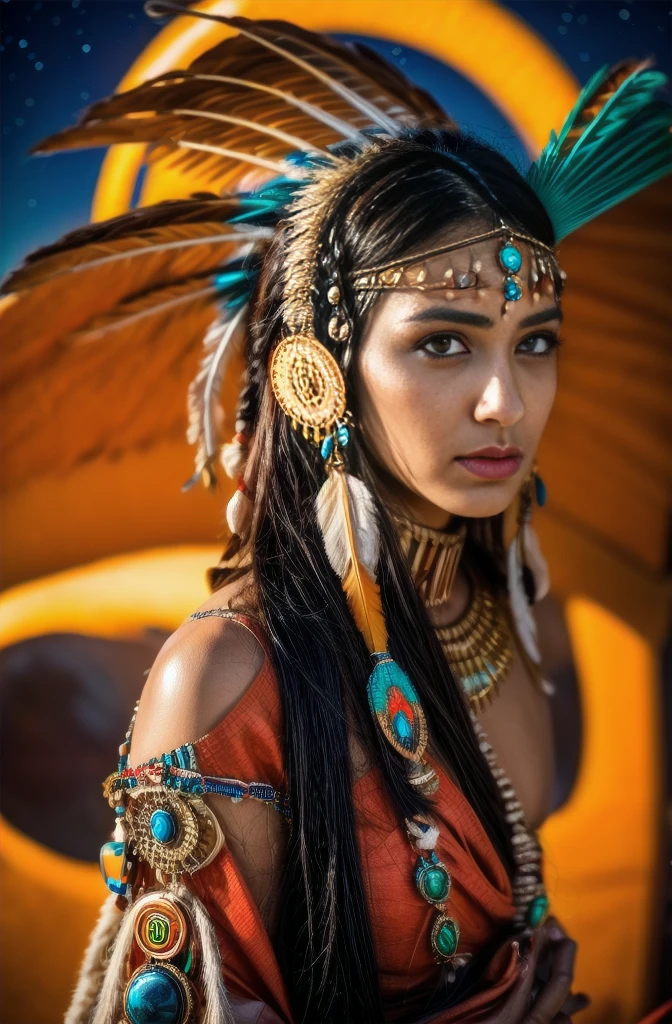 Beautiful Cherokee Indian woman with beautiful terracotta colored headdresses, blackw, doradas, cobre, Pearl, white and beige, feathers made of bright neon of various colors, flares on camera, bokeh, full moon night
