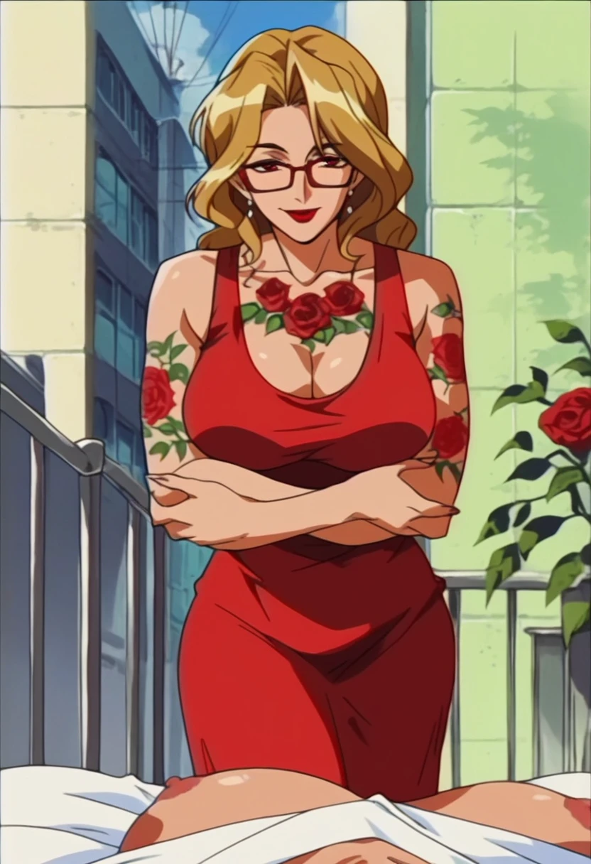 rating_explicit,beautyful mature woman, Shion Karanomori based, blonde wavy hair, encorped body, red glasses, red lipstick, red low-cut dress, whole body roses tattoos,,in city, morning, milf, smile, red eyes, crossed arms, large breasts