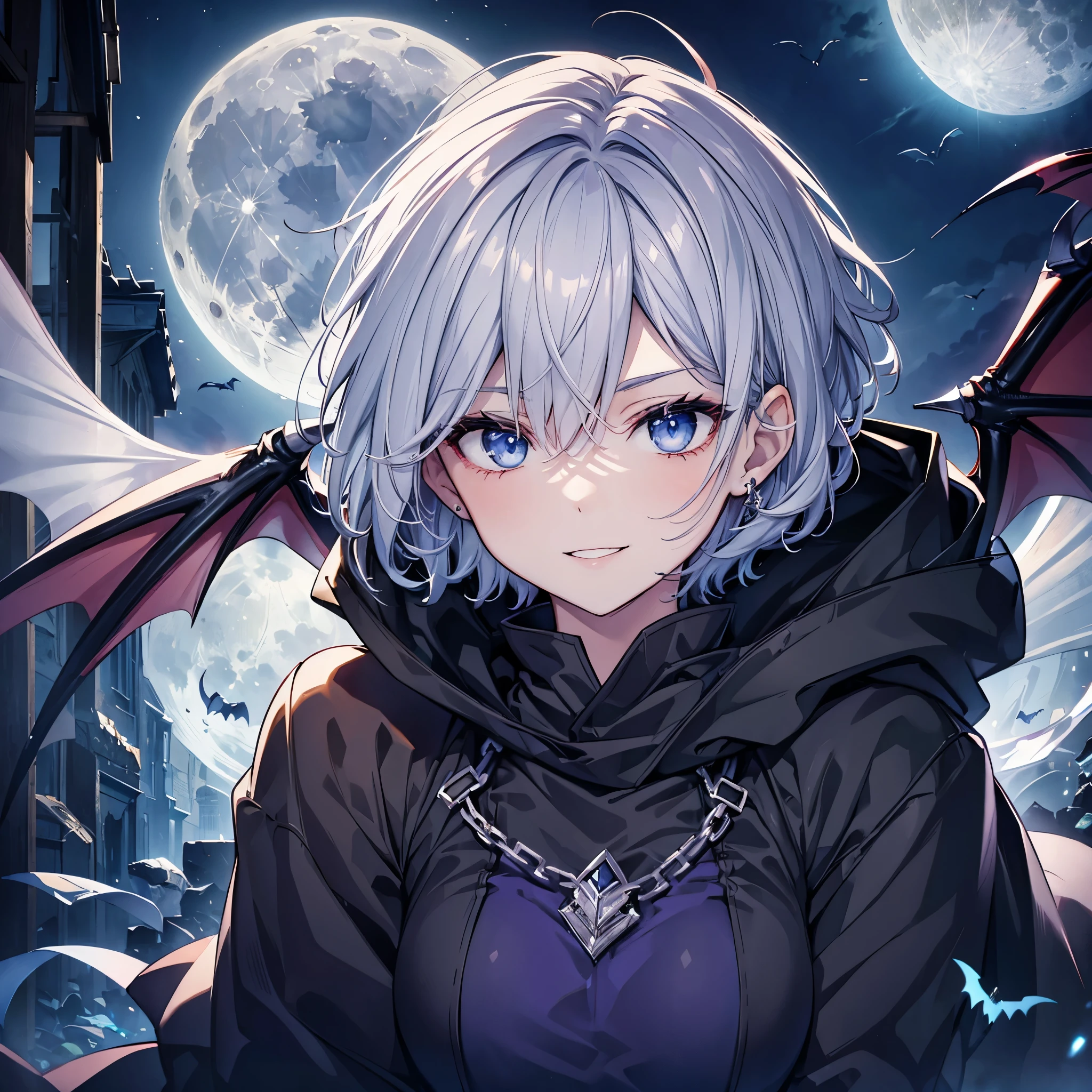 ((((vampire　inflammation))))　(((Gray Hair　short hair　blue eyes　woman　Center close-up)))，((night　full moon　My own big wings　Town))，(Wearing a hood　Black camisole　Purple light　Wearing a cloak)，　Creepy Smile　Showing teeth　Shining Background　Shining Edges