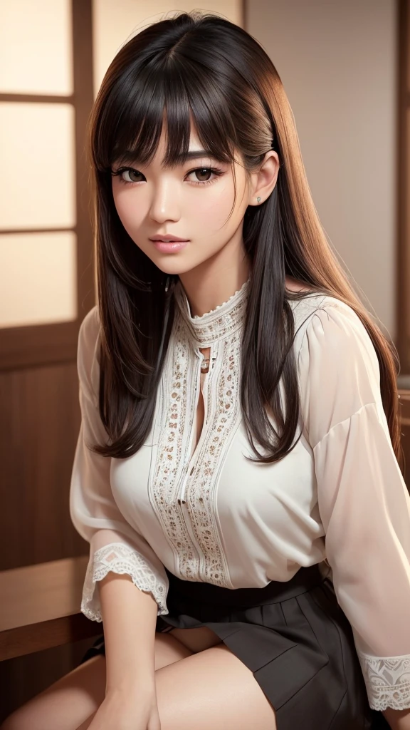A detailed portrait of a beautiful Asian girl, closeup of her face, highlights in her hair, sitting at a table, showing her thighs, bust up shot, detailed body lines, long black hair with thick bangs, wearing a white blouse and a checkered skirt, (best quality,4k,8k,highres,masterpiece:1.2),ultra-detailed,(realistic,photorealistic,photo-realistic:1.37),intricate facial features,striking eyes,delicate nose,luscious lips,long eyelashes,warm lighting,soft focus,muted colors,elegant,refined,serene