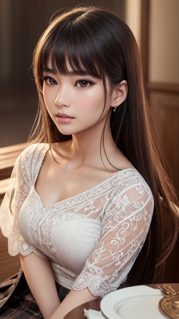 A detailed portrait of a beautiful Asian girl, closeup of her face, highlights in her hair, sitting at a table, showing her thighs, bust up shot, detailed body lines, long black hair with thick bangs, wearing a white blouse and a checkered skirt, (best quality,4k,8k,highres,masterpiece:1.2),ultra-detailed,(realistic,photorealistic,photo-realistic:1.37),intricate facial features,striking eyes,delicate nose,luscious lips,long eyelashes,warm lighting,soft focus,muted colors,elegant,refined,serene