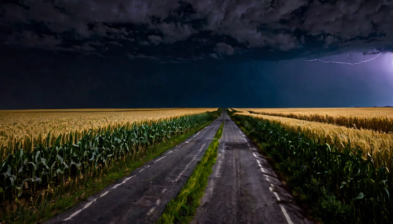 deserted road, surrounded by crop fields, dark, ominous night