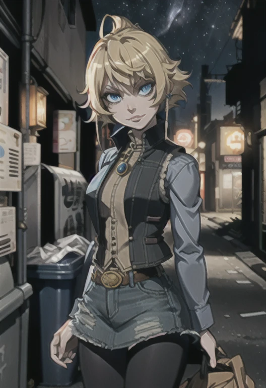 1girl, (solo:1.2), (standing:1.3), (interacting:1.3), (cowboy shot:1.5), smile, happy, at ease, (masterpiece:1.3), (best quality:1.3), (perfect anatomy:1.4), highly detailed, naoto shirogane, earrings, denim, belt, blonde hair, blue eyes, short hair, jewelry, (denim vest:1.2), open vest, black pantyhose, black shirt, denim skirt, (white striped long sleeves), blue skirt, large breasts, (night:1.5), (dark alleyway inside a large city:1.2), (chainlink fence:1.2), (trash lying around:1.2), concrete, sparse lighting, (dystopian), nyantcha, expressive faces, anime-inspired, (cell shading:1.2), nude