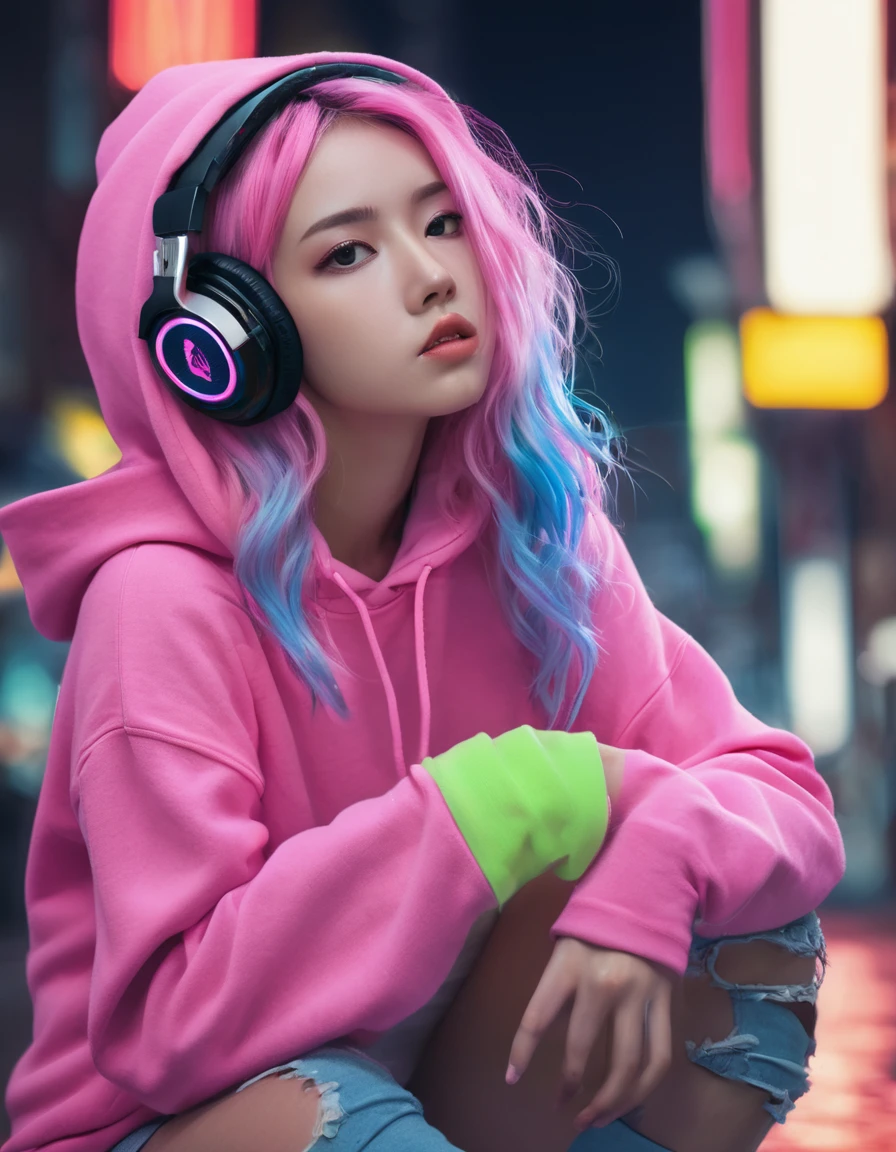 Extreme low angle, full body, (8k, RAW photo, highest quality, masterpiece), High detail RAW color photo, professional close-up photo, (realism, photorealism:1.4), (highest quality), (best shadow), (best illustration) in squat pose, wearing headphone, surreal face with soft skin perfect face, grey-blue eyes, girl long pink hair with harajuku style, good hand, perfect hand, wearing oversized hoodie, bottomless, expose tight, high socks, hiding a hoverboard, waiting for you, Tokyo night, neon, neon pink, neon lime green, wet road, water reflection, zoom in