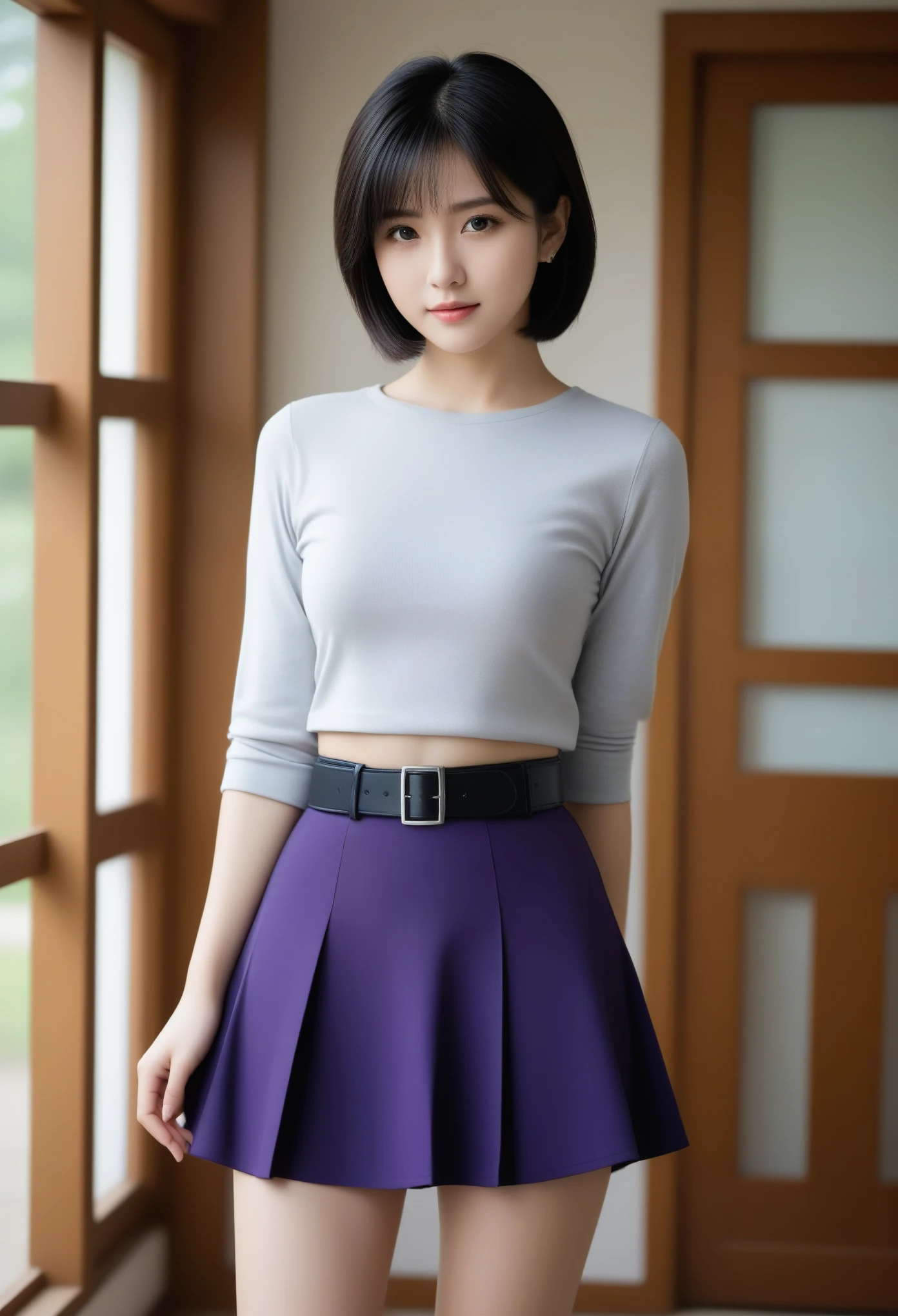 8K, Ultra-high resolution, Highest quality, masterpiece, 三分割法によるphotograph,Surreal, photograph, 1 Girl, (:1.3), pretty girl, Cute face, Beautiful eyes in every detail, 細かくdetailedに,masterpiece,, One Girl:1.2, Japan Female Announcer,whole body,(Absurd, High Fantasy Art, Best HD images, 注意深くdetailedに, 非常にdetailedな特徴と質感), Solo Character, 16 years oldhas short black hair, Purple eyes with black pupils, Flat Chest, Slim texture, Very thin lips, White skin, (Scottish short skirt, Grey Leather Shirt, silver meral belt between her Scottish short skirt and belly), Confident pose, Very serious face, No Sense of Humor Irish Wooden Cottage with Ancient Greek and Celtic Furniture, Attractive thighs, Sensual,A carefree smile,Heal the heart,Black Hair,Short Bob,Looking at the audience、beauty,Long neck、Laugh a little、Please close your mouth and laugh、(((Ideal body type))),A cup small breasts :2,、Portraiture:2、Perfect Anatomy、鮮明なdetailed、detailed、Surreal、Light and shadow,Strong light