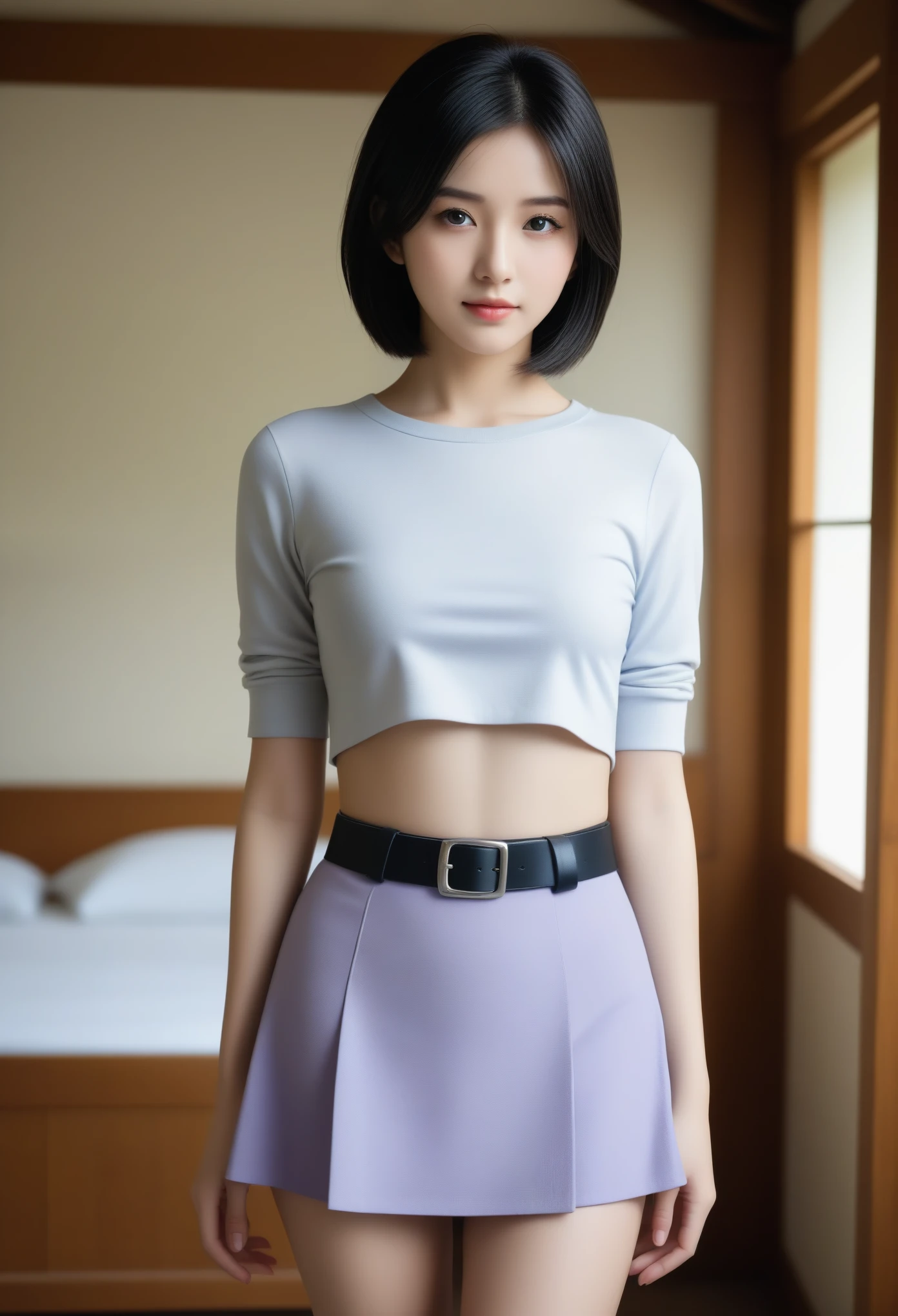 8K, Ultra-high resolution, Highest quality, masterpiece, 三分割法によるphotograph,Surreal, photograph, 1 Girl, (:1.3), pretty girl, Cute face, Beautiful eyes in every detail, 細かくdetailedに,masterpiece,, One Girl:1.2, Japan Female Announcer,whole body,(Absurd, High Fantasy Art, Best HD images, 注意深くdetailedに, 非常にdetailedな特徴と質感), Solo Character, 16 years oldhas short black hair, Purple eyes with black pupils, Flat Chest, Slim texture, Very thin lips, White skin, (Scottish short skirt, Grey Leather Shirt, silver meral belt between her Scottish short skirt and belly), Confident pose, Very serious face, No Sense of Humor Irish Wooden Cottage with Ancient Greek and Celtic Furniture, Attractive thighs, Sensual,A carefree smile,Heal the heart,Black Hair,Short Bob,Looking at the audience、beauty,Long neck、Laugh a little、Please close your mouth and laugh、(((Ideal body type))),A cup small breasts :2,、Portraiture:2、Perfect Anatomy、鮮明なdetailed、detailed、Surreal、Light and shadow,Strong light