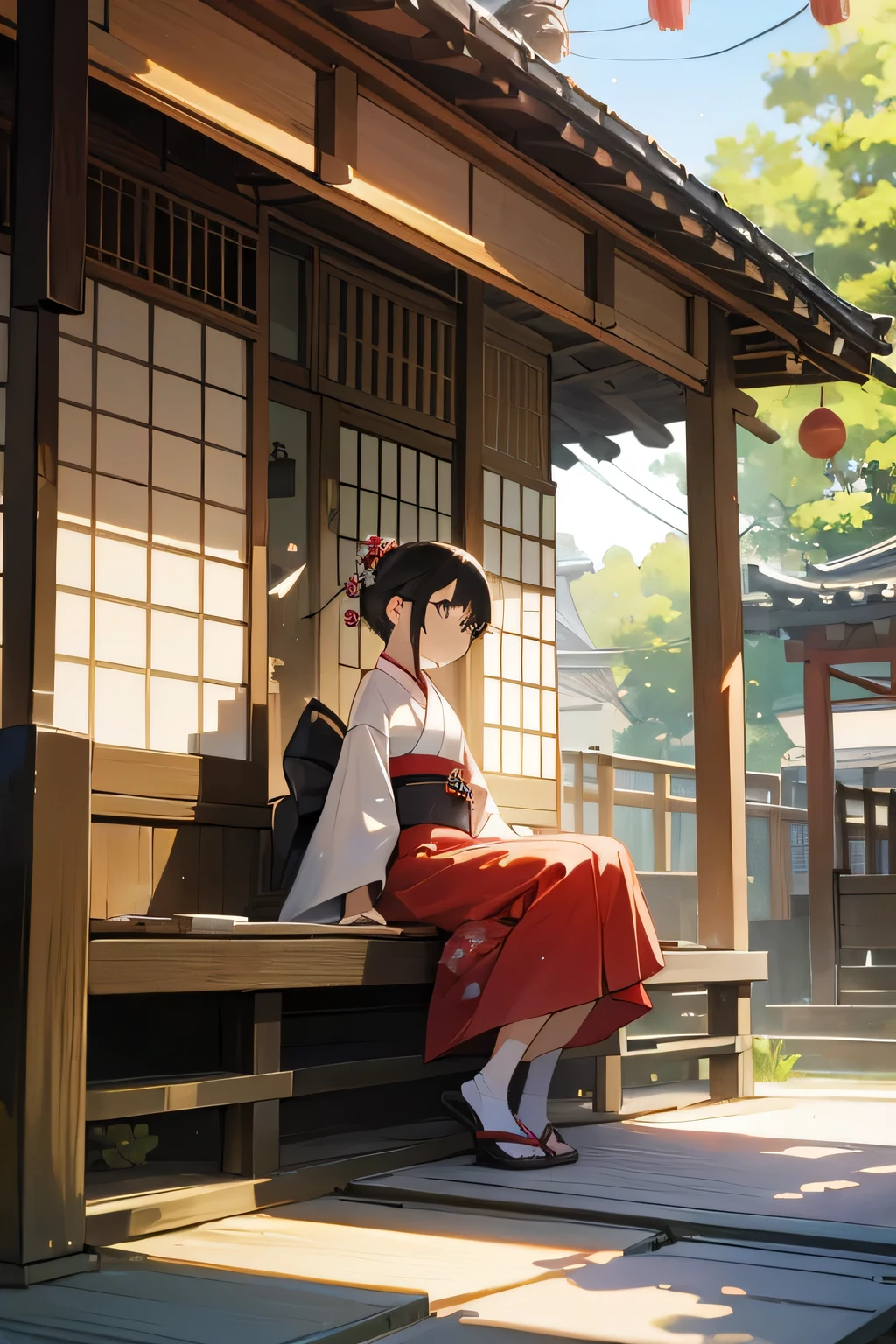 Summer daytime view, Japanese house with wind chimes. A 16-year-old girl in a kimono is sitting.