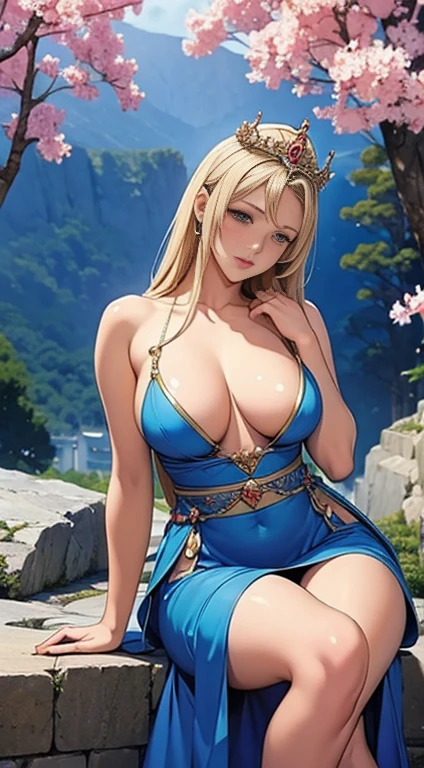 {{{nsfw:1.5}}},{{{Nude}}}a woman in a blue dress sitting on a stone floor, anime goddess, beautiful alluring anime woman, a beautiful fantasy empress, ((a beautiful fantasy empress)), seductive anime girl, japanese goddess, extremely detailed artgerm, 8k high quality detailed art, beautiful maiden, anime fantasy artwork, yoshitakka amano karol bak, blonde goddess