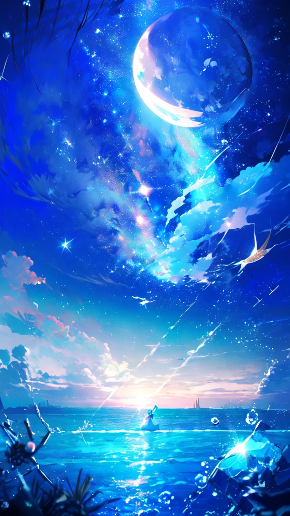 -scenery, 1girl, sky, Star (sky), Highest Resolution、サメ
, night, solo,Fine starry sky、 city lights, Starry sky, Fine bubbles、night sky, bubble, moon, watercraft, outdoors, short hair, ocean, cloud,coloured glaze,