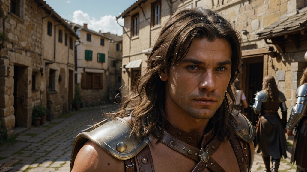 muscular barbarian man with the face of Lukluke Skywalker, hair, long blonde walking in a medieval village, happy with villagers, leather armor, (best quality,4k,8k,highres,masterpiece:1.2),ultra-detailed,(realistic,photorealistic,photo-realistic:1.37),detailed facial features,detailed eyes and expression,dynamic pose,medieval village background,warm lighting,vibrant colors,cinematic composition